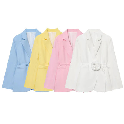 Women Notched Lapel Blazer with Floral Rose Belt Waist Tie Slim Long Sleeve Suit Jacket