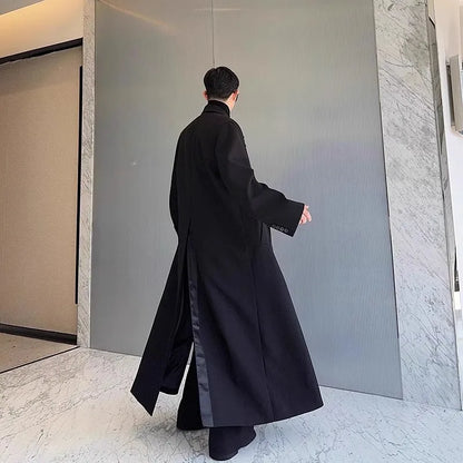 Spring Autumn Extra Logn Black Oversized Flowy Soft Trench Coat for Men with Back High Slit Loose Casual Overcoat