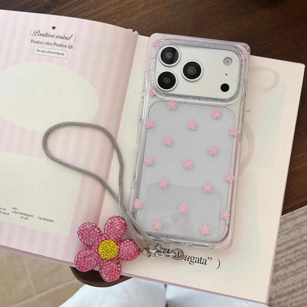 Vibrant All-over Little Flower Clear With Rhinestone Pendant Lanyard Rectangle Phone Cover Case for iPhone 17 16 15 Pro Max