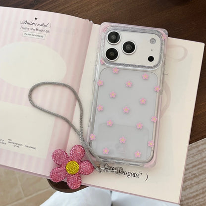 Vibrant All-over Little Flower Clear With Rhinestone Pendant Lanyard Rectangle Phone Cover Case for iPhone 17 16 15 Pro Max