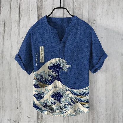 Men's short-sleeved POLO shirt blended linen top Hawaiian vacation great white shark fashion print Comfortable men's clothing
