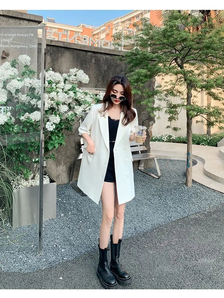 Korean Fashion Loose Thin Blazer Women Spring Autumn New Extra Large Mid Length Short Sleeved Women Coat Casual Outwear