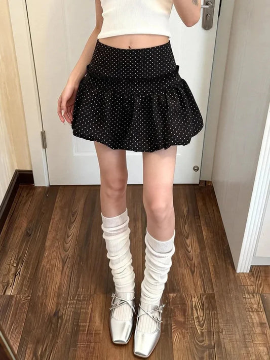 Summer Vintage Black Polka-dot Bud Skirt New Y2K High Waist Pure Desire Slim Fluffy Skirts Japanese Sweet Streetwear Clothing