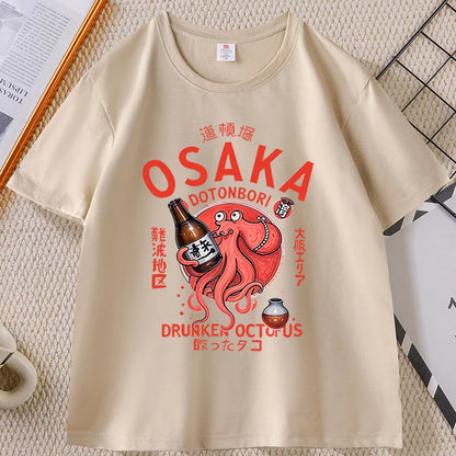 Japanese Style T-shirt drunken octopus Osaka Tshirt Seafood Men Women Graphic Tee Cotton Printed Short Sleeve T Shirt Streetwear