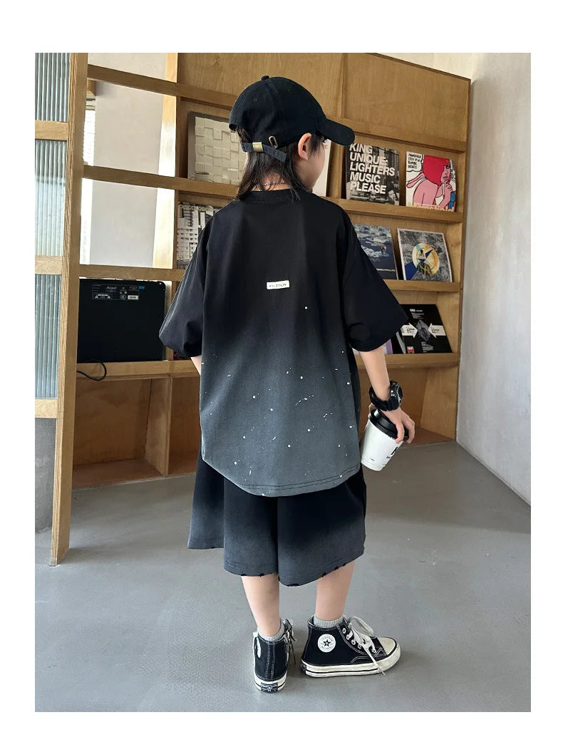 Summer Boys Cotton Leisure Star Print Gradient T-Shirt Top+Shorts Workout Set School Kids 2PCS Tracksuit Children Outfit 5-16 Yr