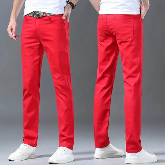 Men Classic Version Slim Stretch Trousers Clothing Red Straight Jeans Fashion High Quality Casual  Denim Pants Male 36 40