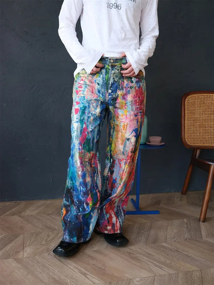 2026 Ropa Y2K Streetwear Graffiti Painting Baggy Jeans Pants For Men Designer Clothes Colorblock Kanye Wide Leg Denim Trousers