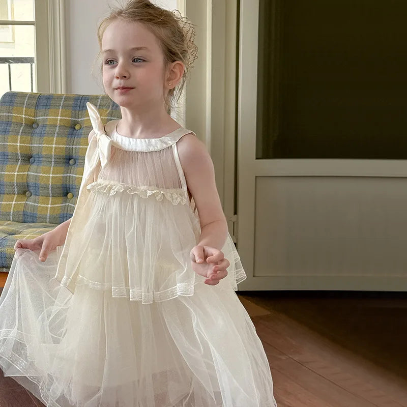 Girls Princess Dress Summer Kids French Sweet Sleeveless Bowknot Tulle Tutu Fluffy Birthday Party Pageant Dresses