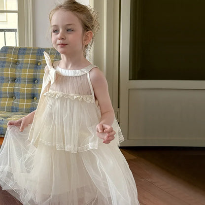 Girls Princess Dress Summer Kids French Sweet Sleeveless Bowknot Tulle Tutu Fluffy Birthday Party Pageant Dresses