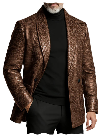 Men's Crocodile Pattern Leather Blazer 1 Button Shawl Collar Tuxedo Jacket Formal Business Wedding Coat Luxury Suit Outerwear