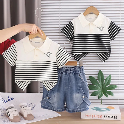 Summer Clothing Sets Fashion Baby Boys Infant Clothes Suits Toddler Infant Kids Striped Cartoon Polo Tshirt+ Denim Shorts Suits