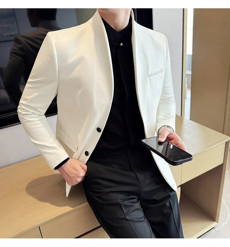 New Blazer Cowhide Velvet Korean Version Business Slim Fit Suit Stand Collar Fashionable Casual Suit Jacket Men Formal Clothing
