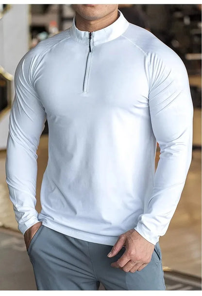 New Autumn Winter Running Gym Men Shirt Long Sleeve Tees Elastic Fit Sports Training Fitness Quick Dry Zip Collar Polo T Shirt