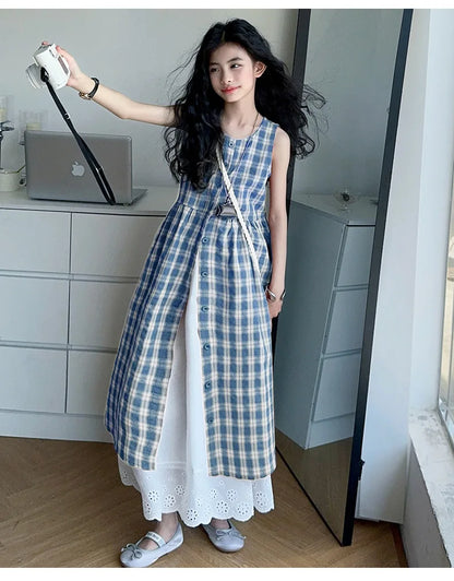 Summer Girls Retro Red Plaid Vest Dress 2-Piece Set Thin French Style Strappy Sundress Casual Vacation Outfit Teen Kids Clothes