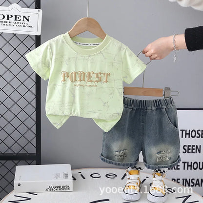 New Summer Baby Boys Clothes Suit Children Fashion  Letter Pocket T-shirt Denim Shorts 2Pcs/Set Toddler Clothing Kids Tracksuits