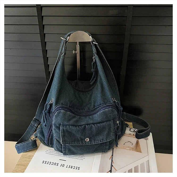 Solid Color Denim Trendy Shoulder Bag for 2025 High Quality Fashion Zipper Large Capacity Versatile Women's Crossbody Bag
