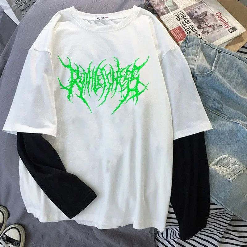 Fashion Punk Dark Style Printed Round Neck T-shirt Y2K Sport Harajuku Thin Women's Top Long Sleeves T Shirt Outdoor Loose Shirt
