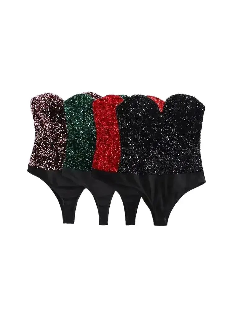Strapless Sequin Bodysuits for Women, Backless Bodysuits, Sweetheart Neck, Female Playsuits, Sexy Fashion