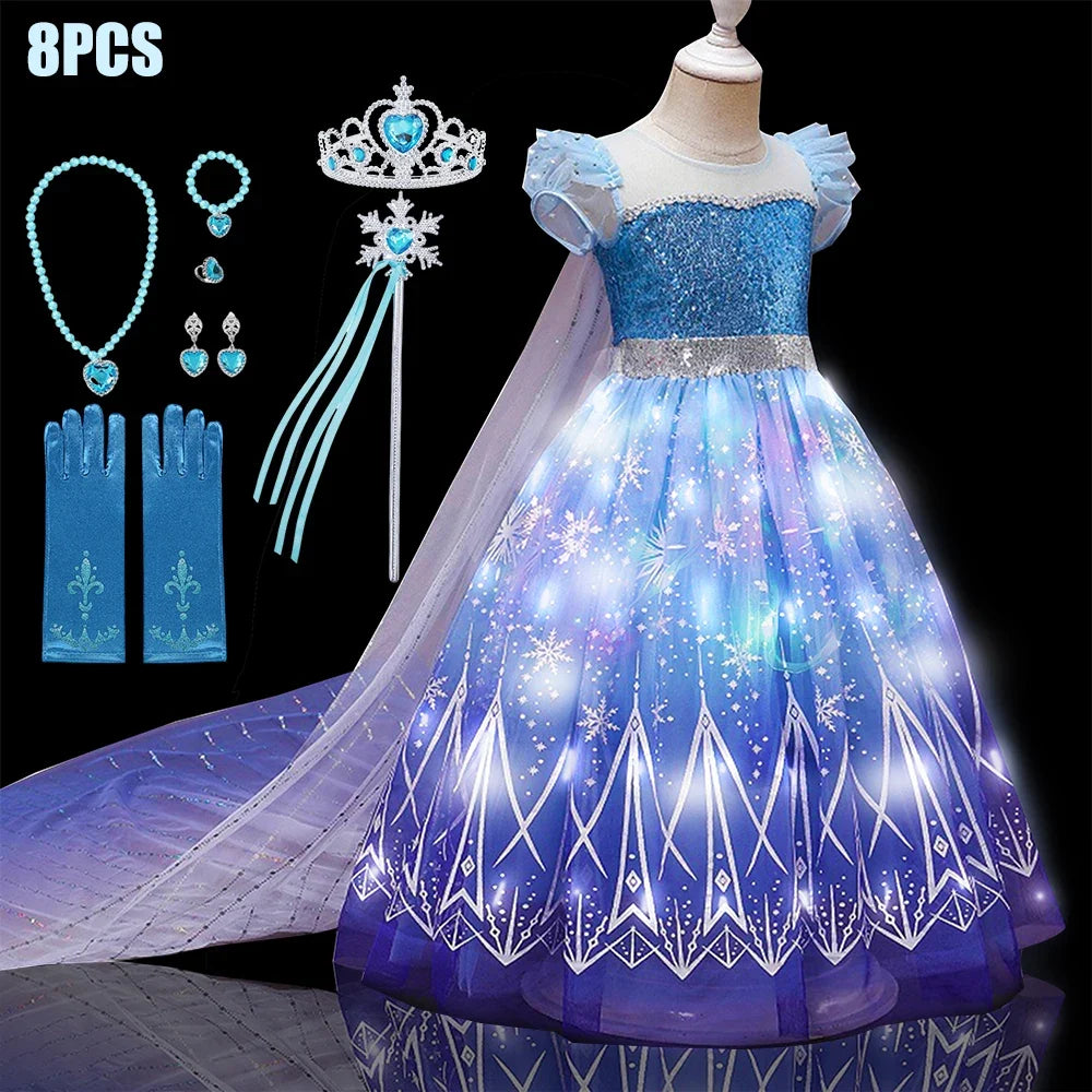 Kids Copslay Elsa LED Light Up Costume Girls Birthday Party Role Playing Princess Dress with Cape Fancy Carnival Halloween Dress