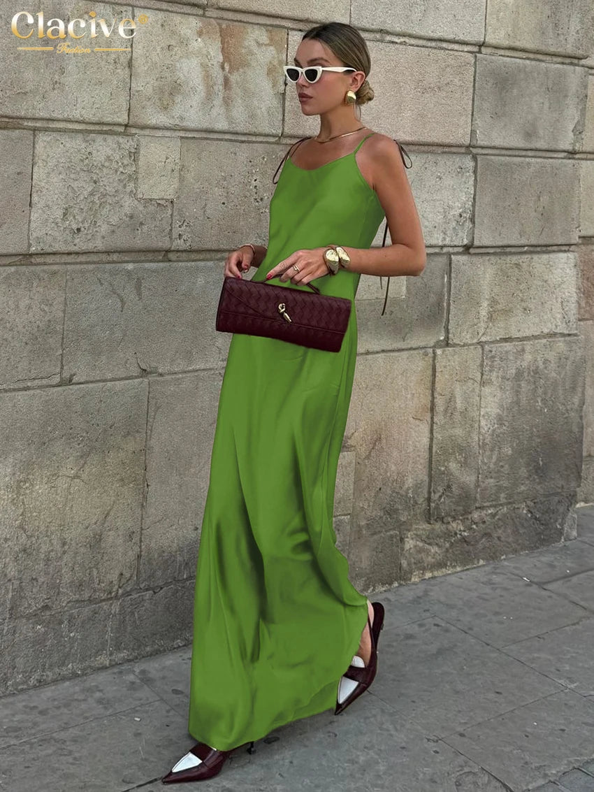 Fashion Loose Brown Satin Womens Dresses 2025 Summer Strap Sleeveless Floor Length Dress Sexy Backless Female Dress