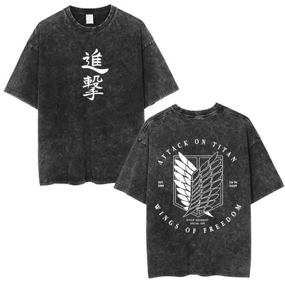 Anime Attack on Titan Washed T-Shirt Ackerman Mikasa Eren Jaeger Cherry Blossom Graphics Logo T Shirt Men Women Cotton T Shirts