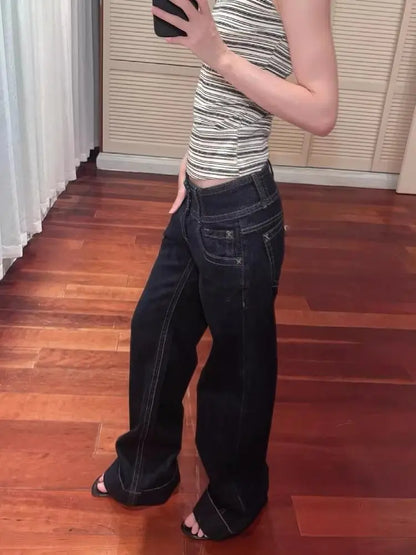 Women's American Blue Button Design Jeans Low Waist Straight Leg Loose Wide Leg Drapey Long Pants Y2K Style Slimming Denim