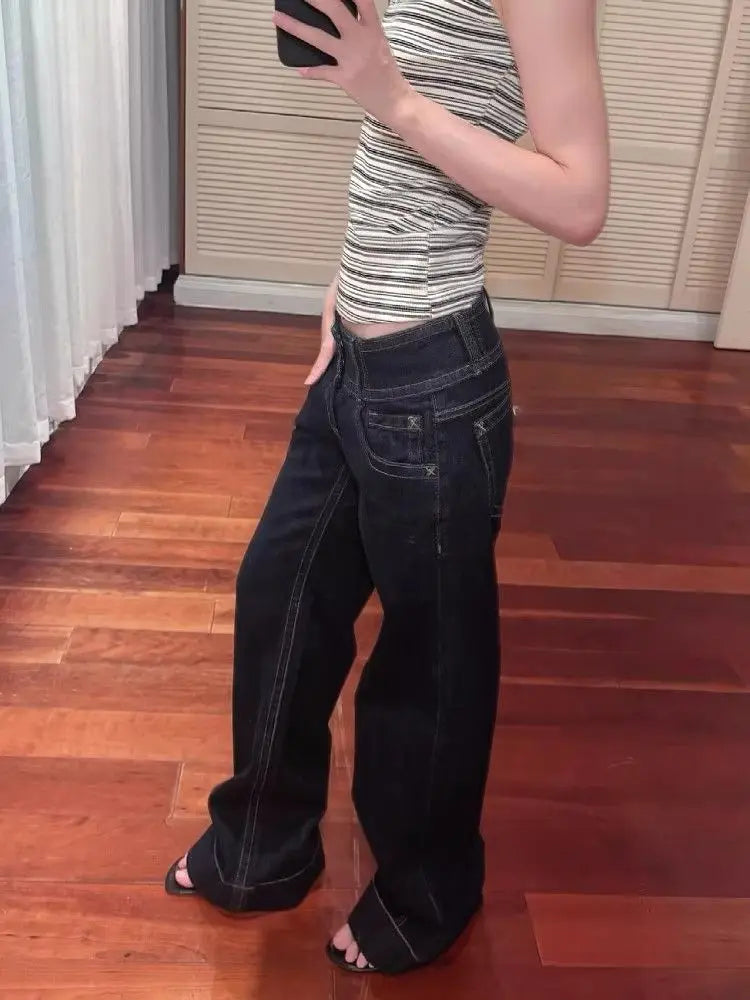 Women's American Blue Button Design Jeans Low Waist Straight Leg Loose Wide Leg Drapey Long Pants Y2K Style Slimming Denim