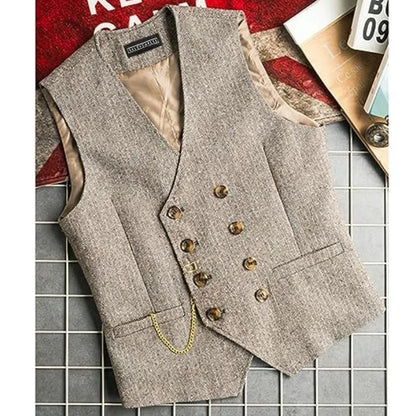 Men Suit Gray Vintage Double Breasted Blend Waistcoat For Wedding Groomsmen Banquet Men Coat
