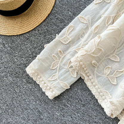 2025 Spring Gentle Women Blouse Leaves Embroidery Single Breasted Long Sleeves Summer Thin Streetwear Casual Shirt