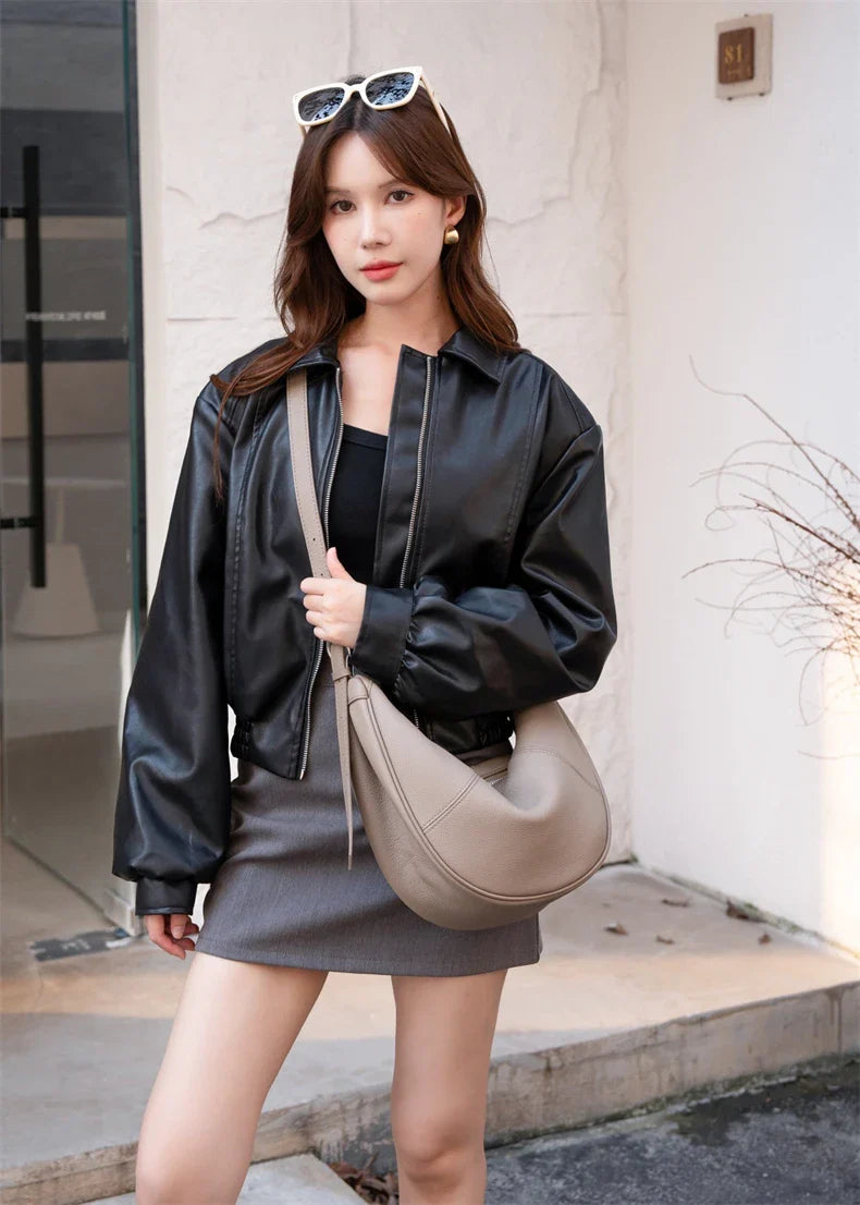 Slouchy Genuine Leather Hobo Bags For Women Luxury Cowhide Soft Crescent Shoulder Bag Crossbody Work Purses Handbags