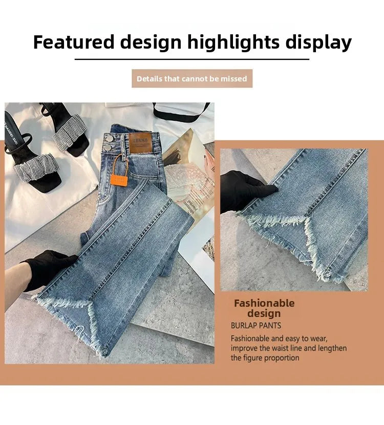 Women Autumn Y2K Slim Flared Denim Trouser Raw Edge Vintage Sexy Minimalist Pant Grunge High Waist Solid High Street Retro Jeans