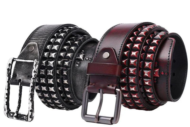 3.8CM Retro Real Genuine Leather Belt Luxury Thick Rivet Belts Men Leather Vintage Strap Male Wide Jeans Ceinture Black Waist