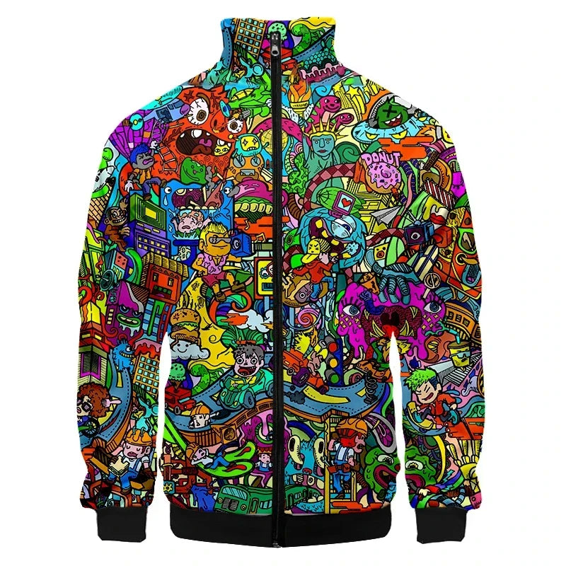 Colorful Monster Graffiti Art Men's Plus Size 3D Jacket Sportswear Spring Stand-up Collar Zipper Sweater Baseball Jacket Men's