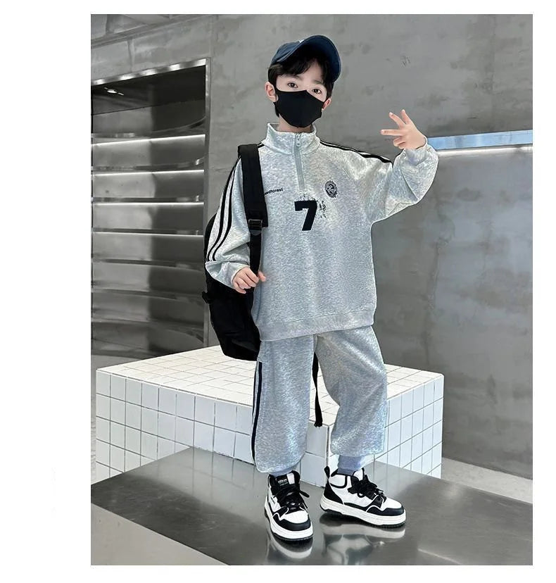 SpringAutumn Boys Cotton Half Zip Pullover Sweatshirt+Sweatpant Work Set School Kid 2PCS Tracksuit Children Jogger Outfit 5-16Yr
