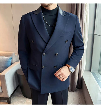 (1 Pcs Jackets) New Thicken Thicken Striped Casual Suit Jacket Fashion Splicing Leather Neck Men's Business Slim Blazers Tuxedos