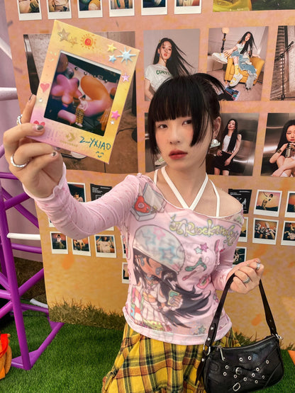 Karrram Japanese Y2k Anime Print Mesh Tops 2000s Aesthetics Pink Sheer Top Vintage Harajuku Kawaii See Through T-shirt Lolita