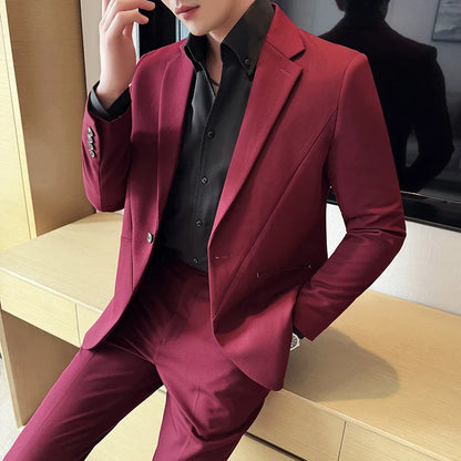 (Jacket+Pant) New Men Pure Color Business Social Wedding Party Suit Fashion Male Banquet Party Slim Fit Dress Blazer and Trouser