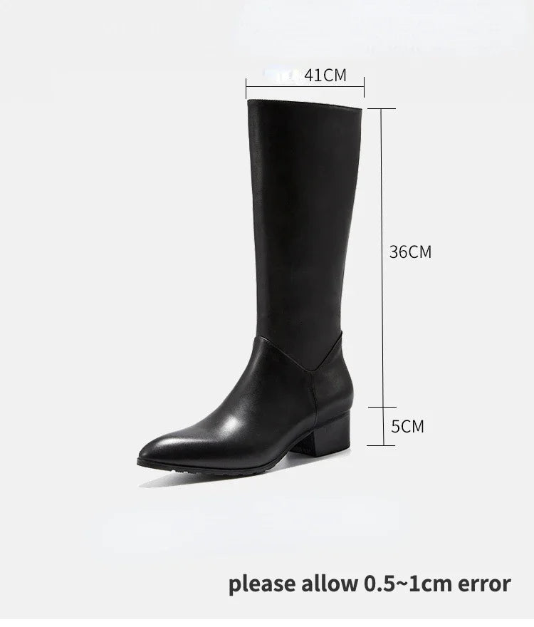 Italian Classic Men's Knee High Boots 5 Cm Heels Luxury Genuine Leather Comfortable Winter Warm Black Business Shoes Boots Man