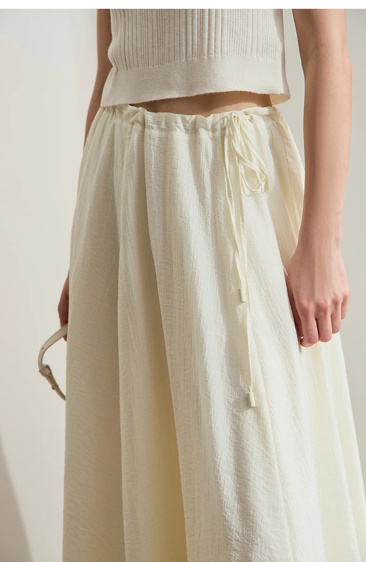Minimalist New Summer Knee Length A-line Skirt Women Adjustable Drawstring Solid Color Commuting Style Loose Skirt 12522025