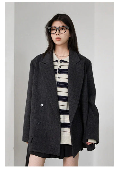 Women Woolen Blazer Loose Vintage V Neck Female Jacket Suit Double Breasted Office Ladies Coat Spring Autumn 2025