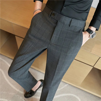 2026 Classic Men's Slim Fit Plaid Striped Casual Pants Fashion Business Slim Fit Suit Pants Formal Groom Wedding Dress Trousers