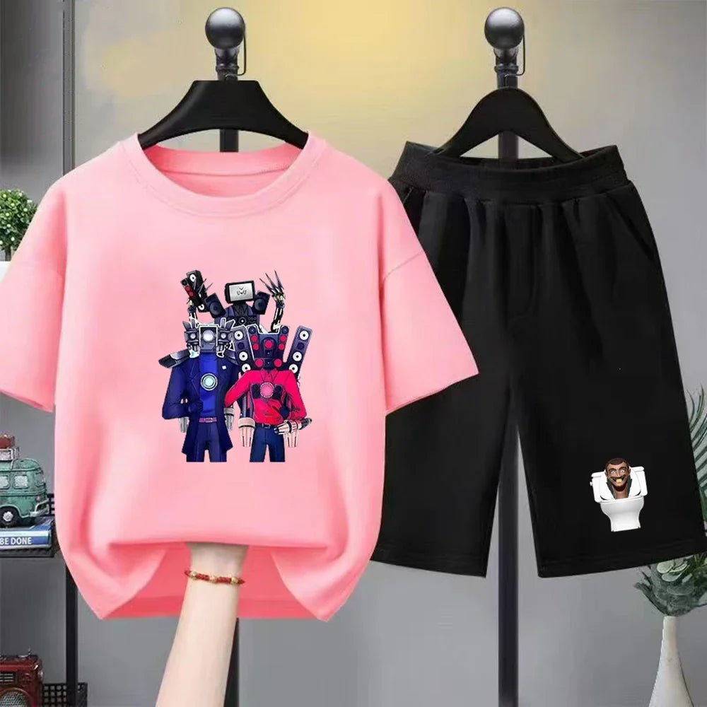 Skibidi Toilet Children T-shirt+bottom wear Age 3-12 Girls boy Set black 2pcs Kids Set Print Summer Anime Toilet Monitor Tshirt