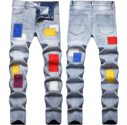 Men's Embroidered Jeans Rainbow Square Cloth Pure Cotton Stretch Slim Pants Scraped White Wearable High Street Color Patch 2025