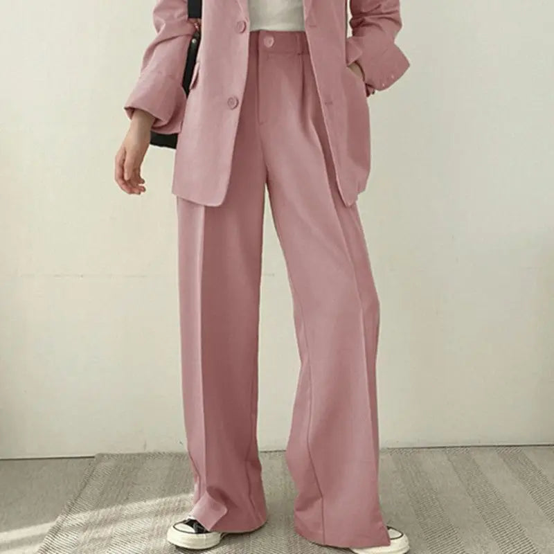 Casual Notch Lapel Suit Set with Button Thick Wide Leg Small Suit Pants High Waist Drape Polyester Business Lady Style Women