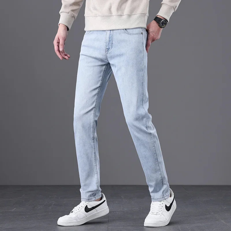 Classic Men Vintage Cloth High Waist Trousers 2024 Autumn Loose Straight Stretch Wash Jeans High Quality Sky Blue Brand Pants