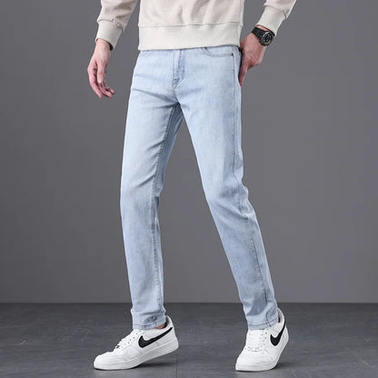 Classic Men Vintage Cloth High Waist Trousers 2024 Autumn Loose Straight Stretch Wash Jeans High Quality Sky Blue Brand Pants