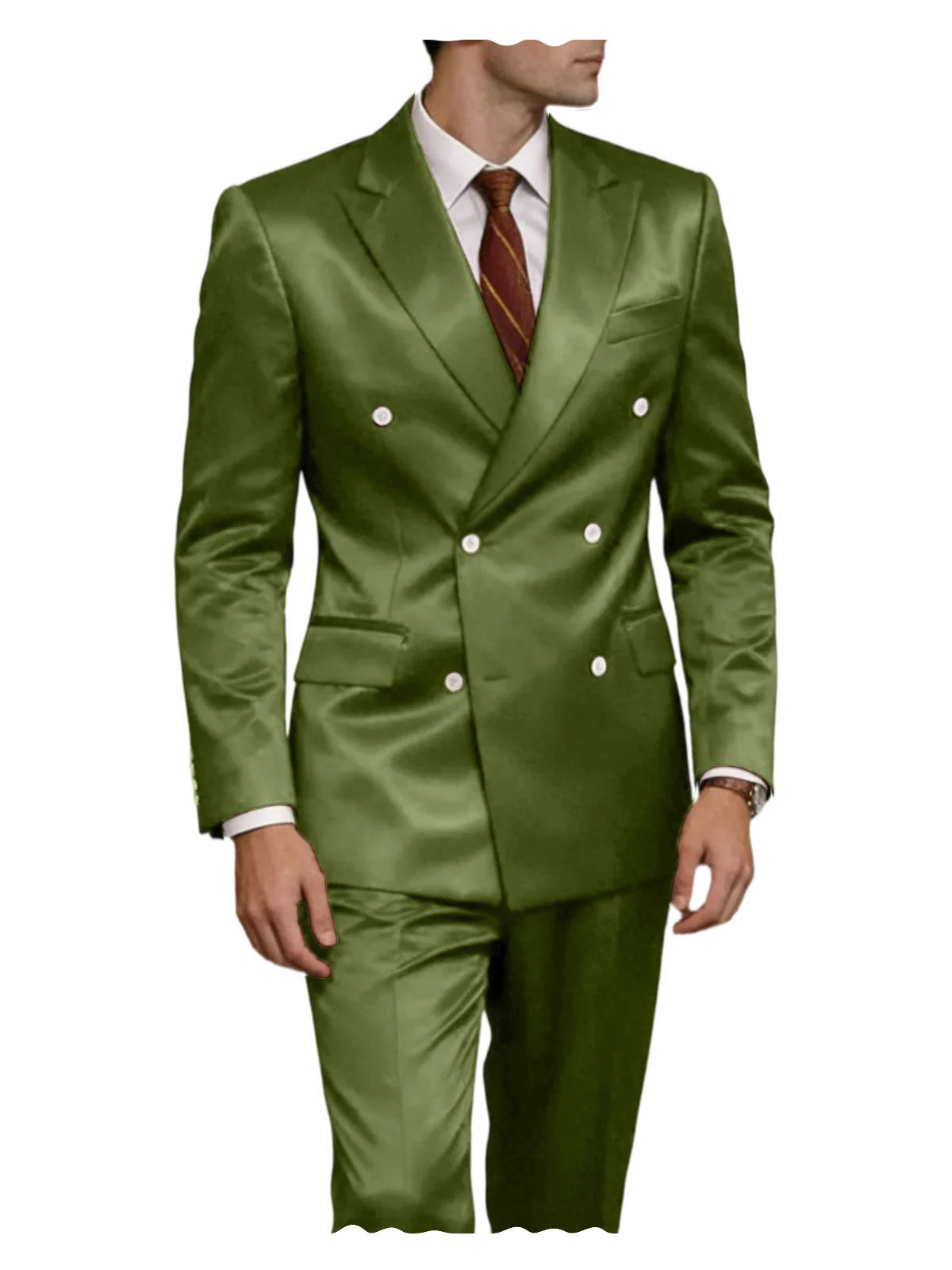 Luxury Men's Shiny Satin 2 Piece Suit Peak Lapel Double Breasted Jacket Pants Elegant Slim Fit Formal Tuxedo for Wedding Party
