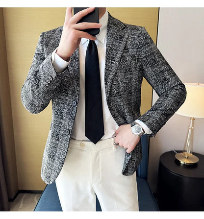 High Quality Meteor Grid Suit Jackets Men British Style Slim Fit Business Casual Fashion Blazers Formal Men Wedding Party Tuxeds
