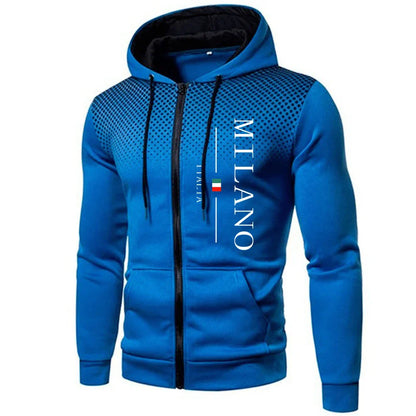 Italy Milan Print Men's Zip-up Hooded Outwear Fall Winter Male Daily Casual Sporty Jogging Hoodie Outdoor Motorcycle Riding Coat
