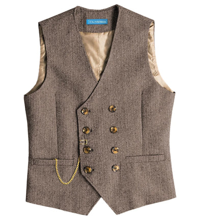 Men Retro British Tweed Double Breasted Suit Vest Plus Size V Neck Herringbone Formal Waistcoat Fashion Outer Vest with Pocket